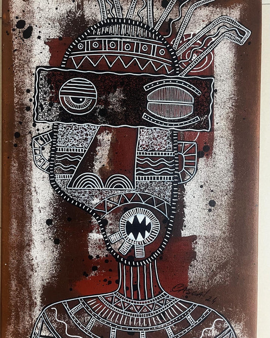 "Amphibian Gods VI" by Angolan artist Casca (2024), an acrylic painting fusing myth, abstraction, and surrealist language to reflect ancestral symbolism in contemporary African art. Presented by Afrikanizm.
