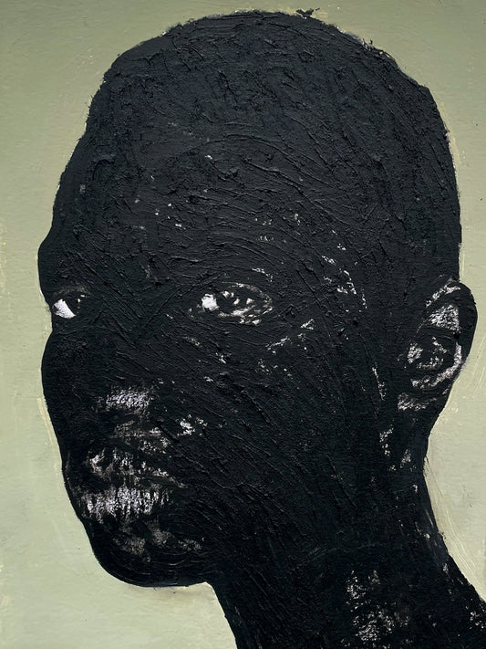 "Portrait of Absence III" by Cape Verdean artist Amadeo Carvalho (2024), a conceptual figurative painting reflecting on absence, memory, and emotional presence in contemporary African identity. Presented by Afrikanizm.
