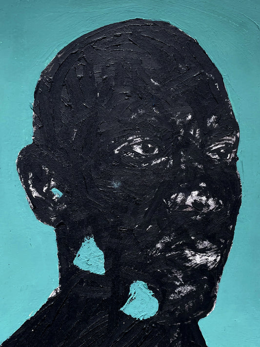 "Portrait of Absence IV" by Cape Verdean artist Amadeo Carvalho (2024), a conceptual figurative painting exploring presence, memory, and the emotional depth of absence in contemporary African art. Presented by Afrikanizm.

