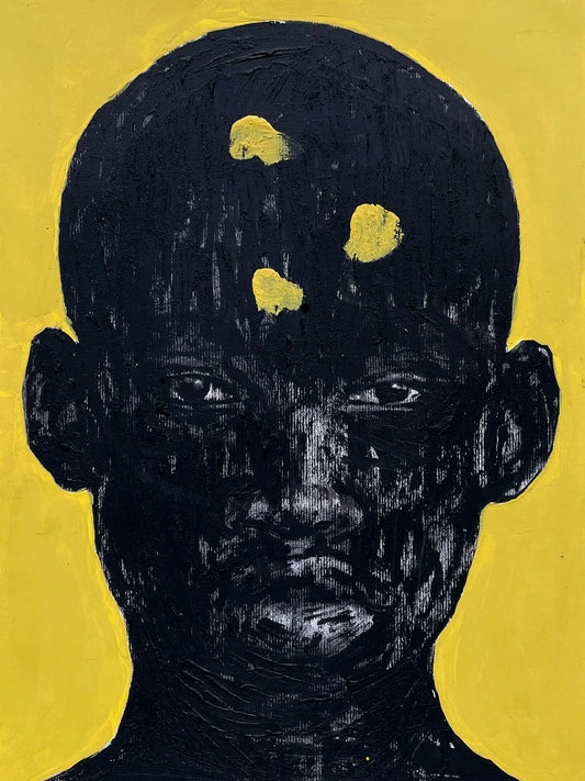 "Portrait of Absence VII" by Cape Verdean artist Amadeo Carvalho (2024), a conceptual figurative painting exploring the emotional resonance of absence, memory, and silence in contemporary African portraiture. Presented by Afrikanizm.
