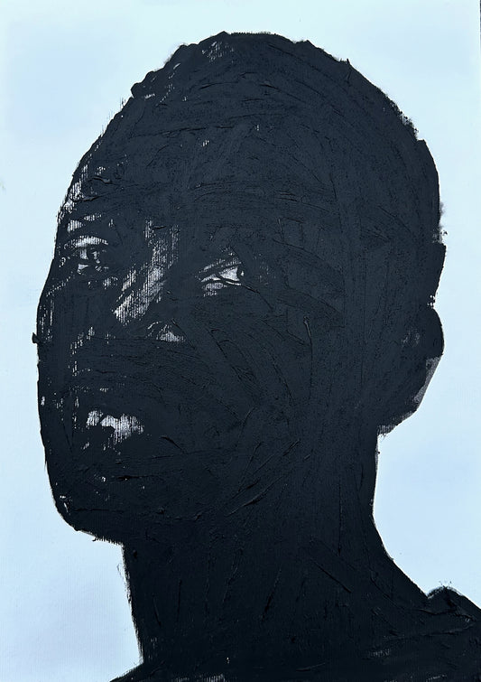 "Portrait of Absence XXI" by Cape Verdean artist Amadeo Carvalho (2024), a conceptual figurative painting reflecting on silence, identity, and the emotional weight of absence in contemporary African portraiture. Presented by Afrikanizm.
