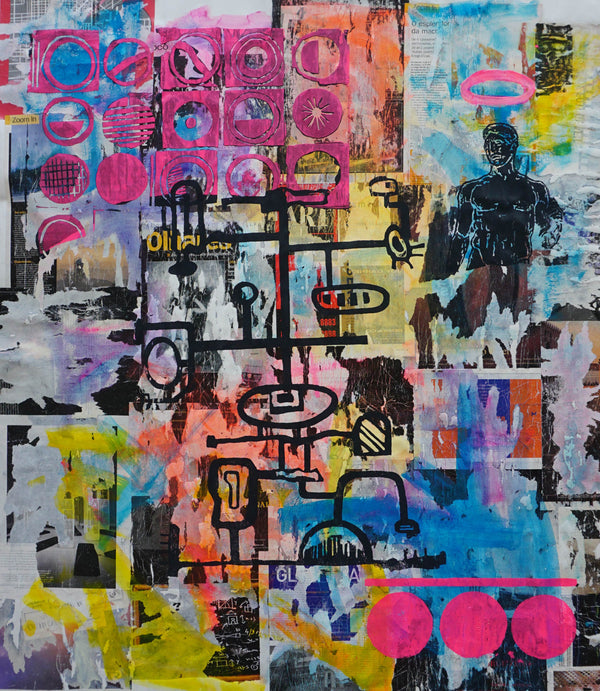 "Santi Ambi" by Angolan artist Babu (2024), a conceptual figurative painting exploring themes of spirituality, ancestral memory, and symbolic presence in contemporary African art. Presented by Afrikanizm.

